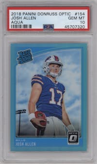 Josh Allen from the 2018 Panini Donruss Optic set featuring a Aqua parallel graded by PSA and given an overall grade of 10.