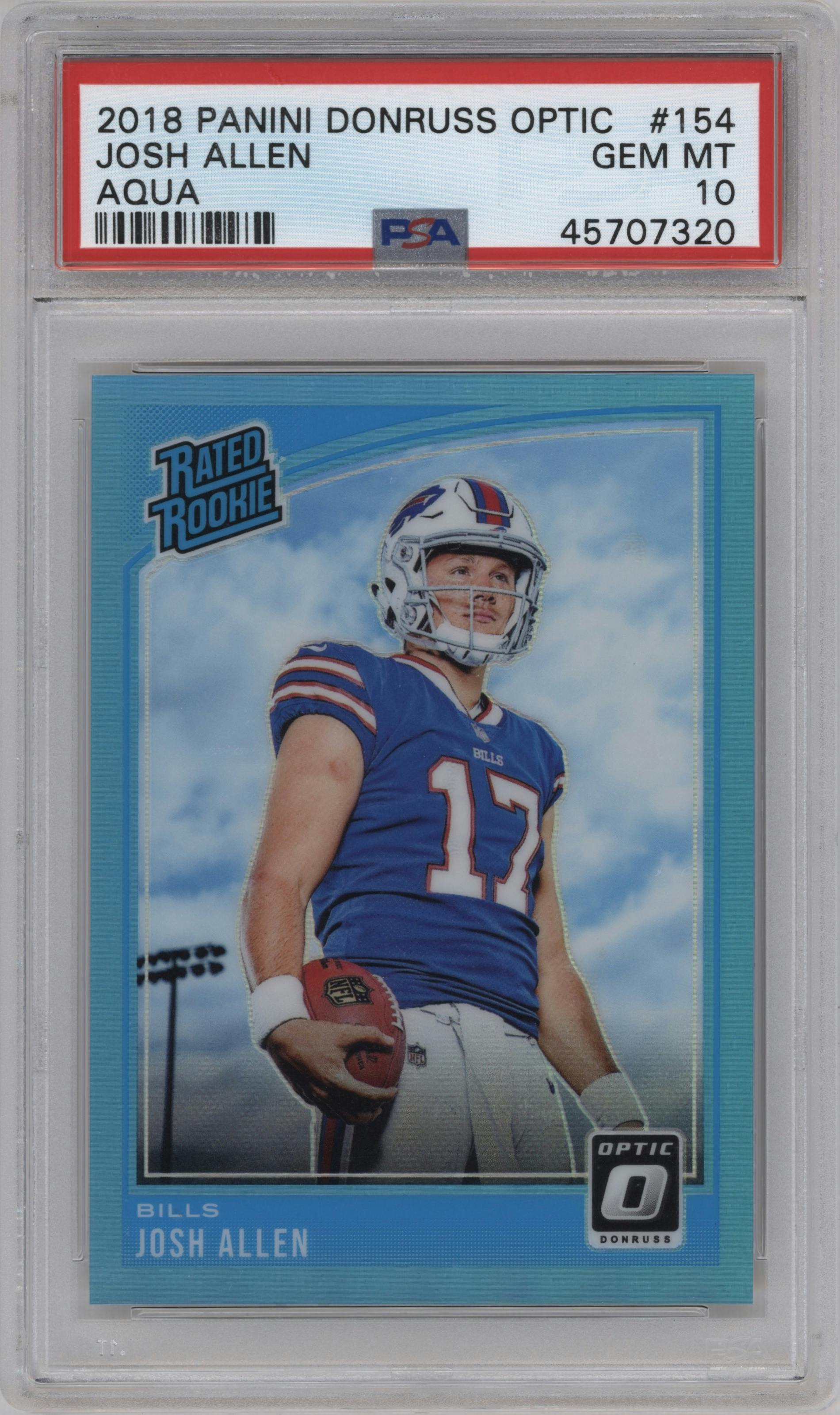 Josh Allen from the 2018 Panini Donruss Optic set featuring a Aqua parallel graded by PSA and given an overall grade of 10.