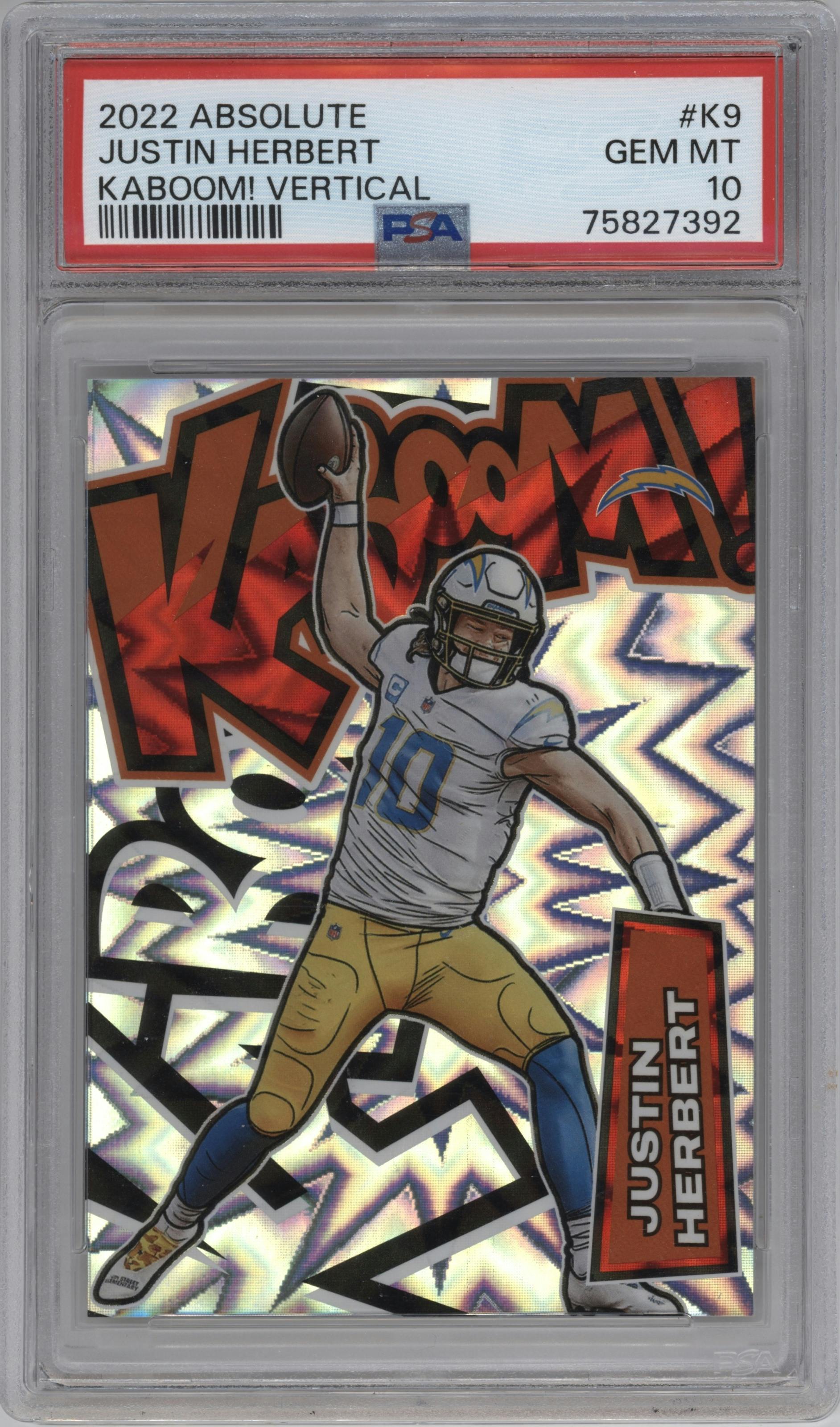 Justin Herbert from the 2022 Panini Absolute set graded by PSA and given an overall grade of 10.