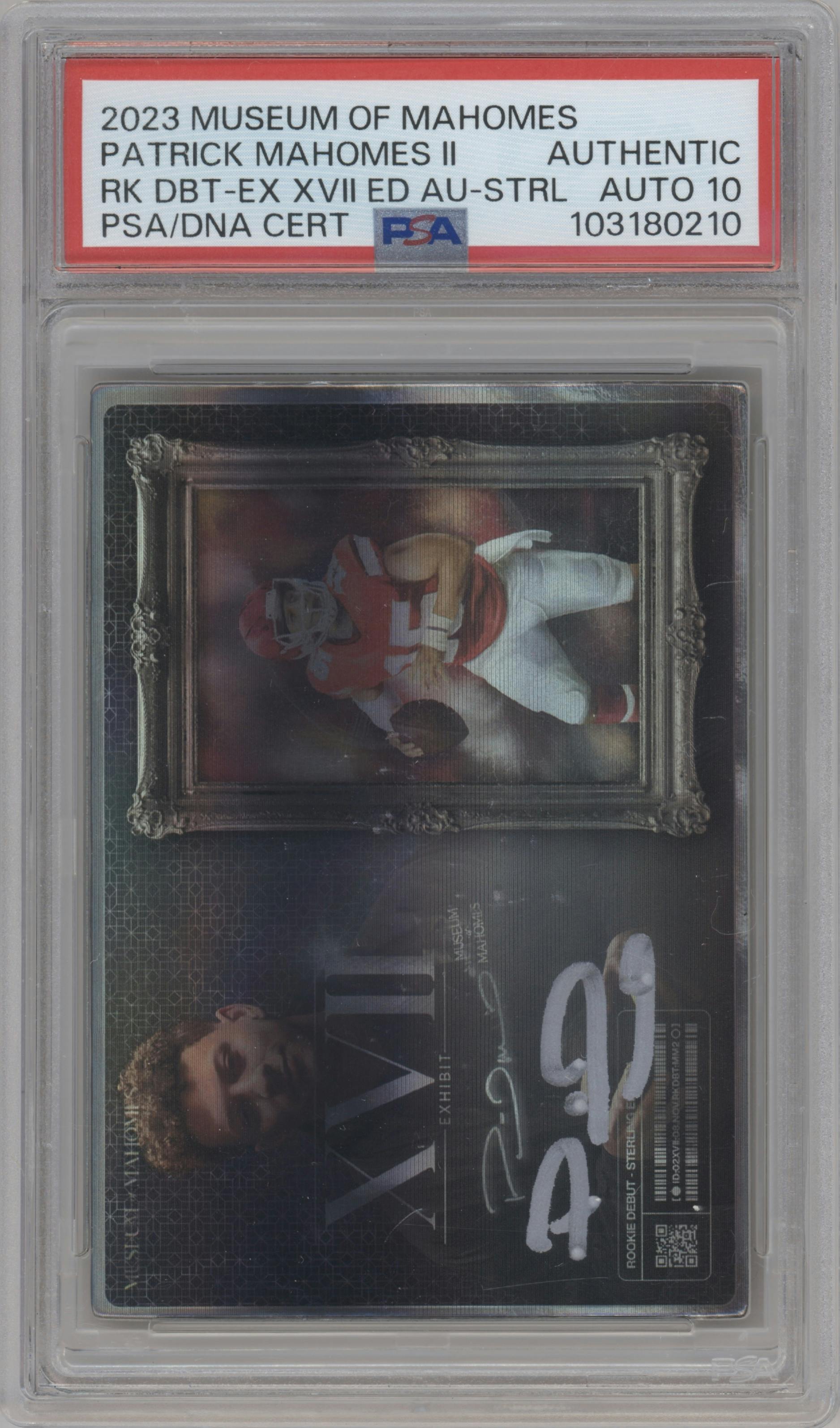 Patrick Mahomes II from the 2023 Museum of Mahomes set featuring a Sterling parallel graded by PSA.
