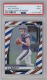 J.J. McCarthy from the 2024 Panini Prizm set featuring a Red/White/Blue Prizm parallel graded by PSA and given an overall grade of 9.