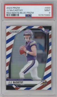 J.J. McCarthy from the 2024 Panini Prizm set featuring a Red/White/Blue Prizm parallel graded by PSA and given an overall grade of 9.