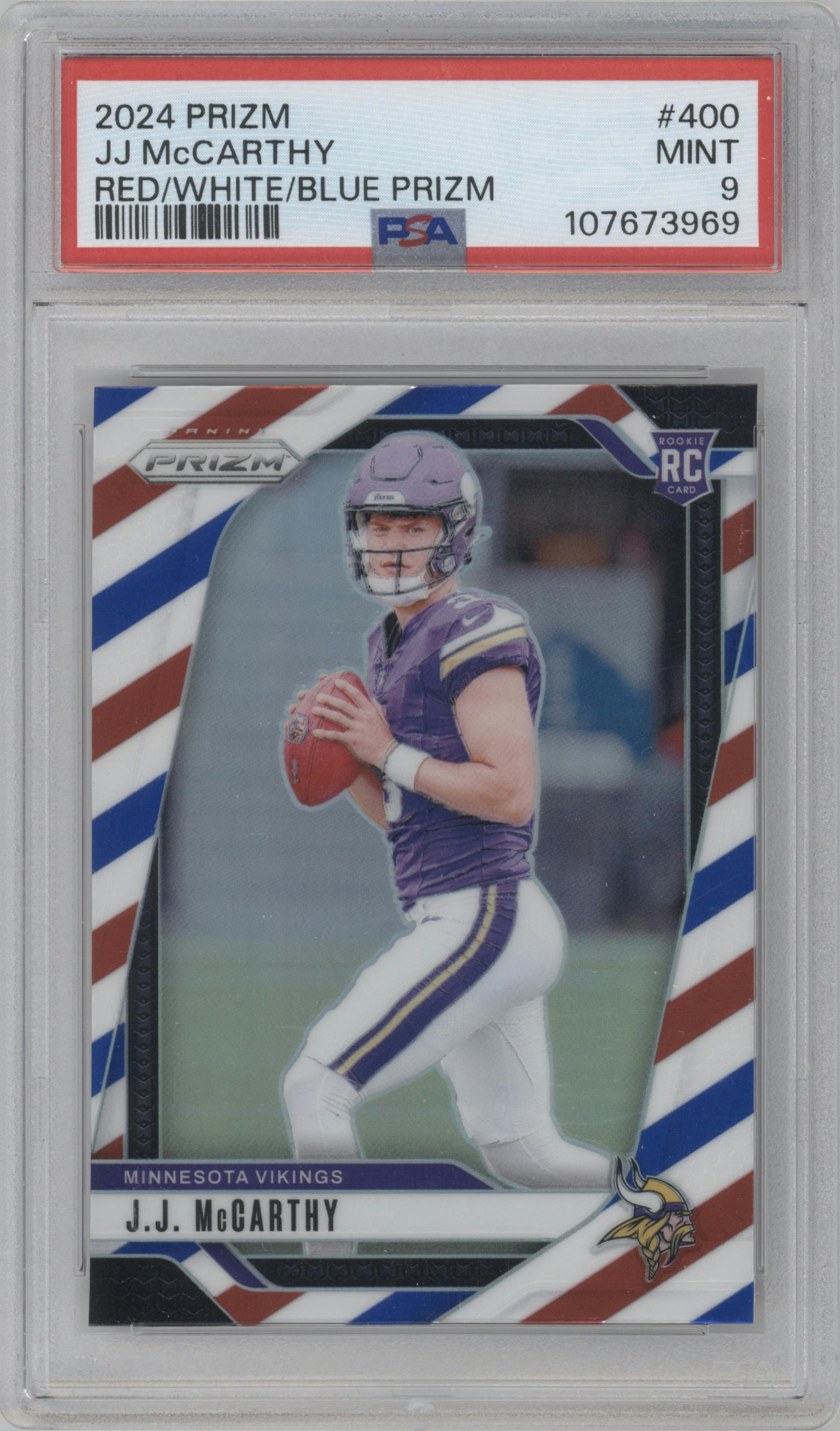 J.J. McCarthy from the 2024 Panini Prizm set featuring a Red/White/Blue Prizm parallel graded by PSA and given an overall grade of 9.