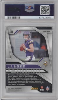 J.J. McCarthy from the 2024 Panini Prizm set featuring a Red/White/Blue Prizm parallel graded by PSA and given an overall grade of 9.