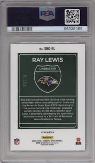 Ray Lewis from the 2022 Panini Donruss Optic set featuring a Black Pandora parallel graded by PSA and given an overall grade of 10.
