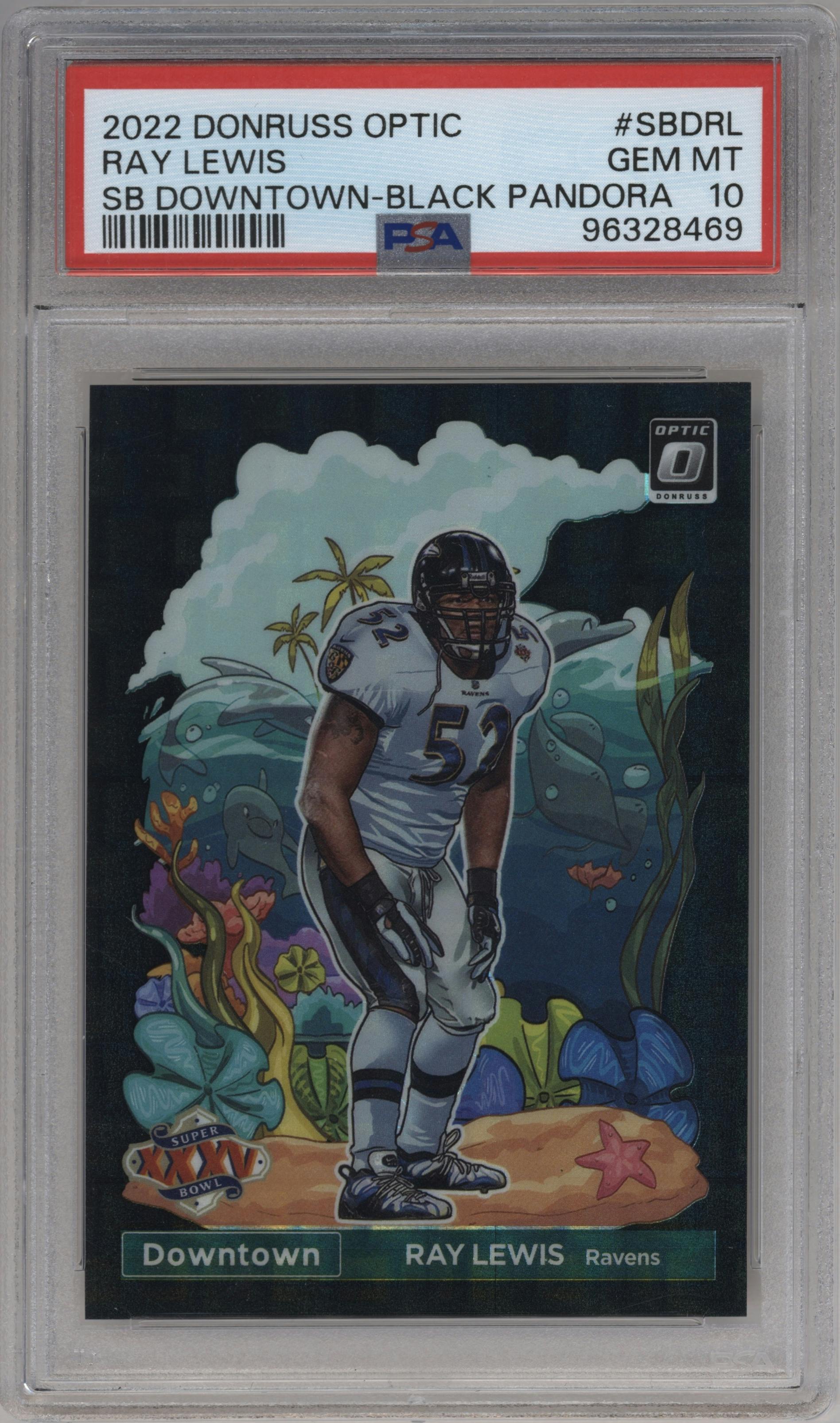Ray Lewis from the 2022 Panini Donruss Optic set featuring a Black Pandora parallel graded by PSA and given an overall grade of 10.