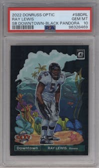 Ray Lewis from the 2022 Panini Donruss Optic set featuring a Black Pandora parallel graded by PSA and given an overall grade of 10.