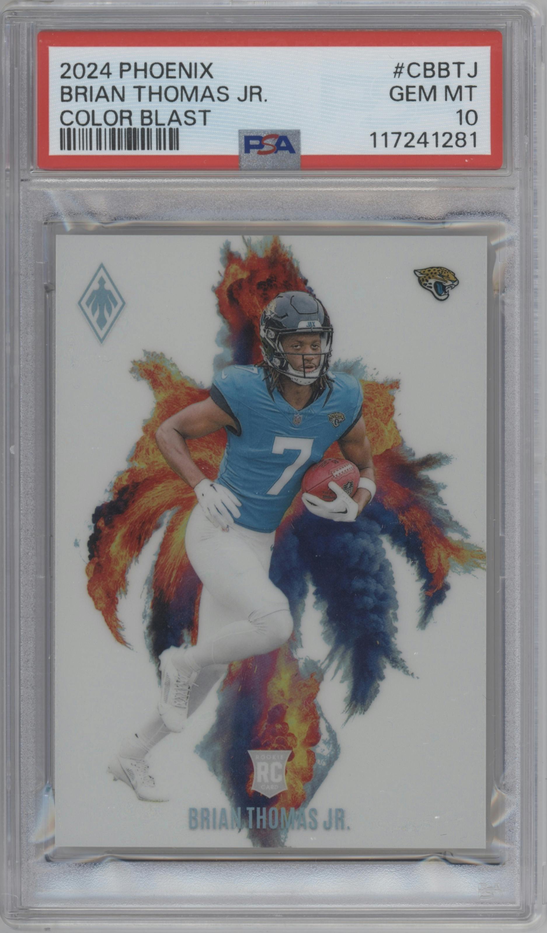 Brian Thomas Jr. from the 2024 Panini Phoenix set graded by PSA and given an overall grade of 10.