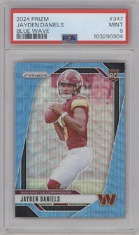Jayden Daniels from the 2024 Panini Prizm set featuring a Blue Wave Prizm parallel graded by PSA and given an overall grade of 9.