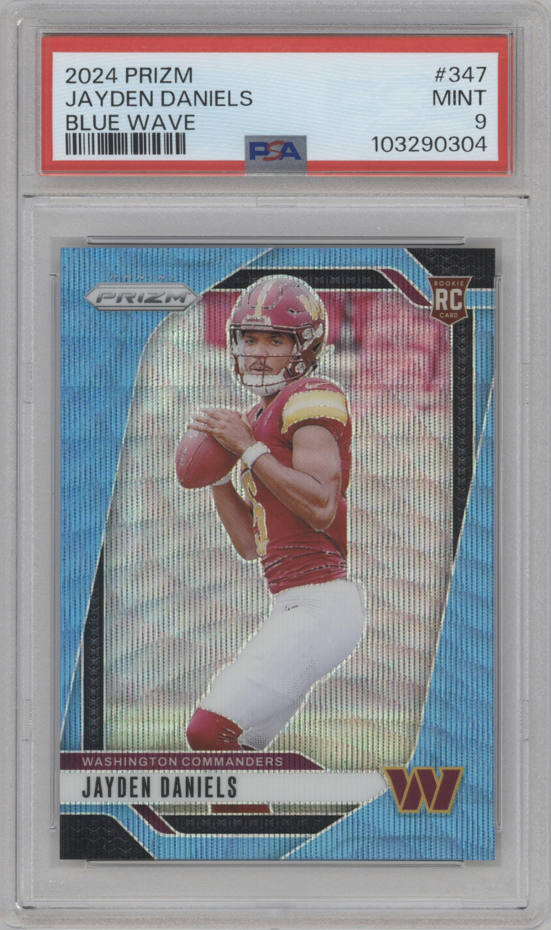 Jayden Daniels from the 2024 Panini Prizm set featuring a Blue Wave Prizm parallel graded by PSA and given an overall grade of 9.