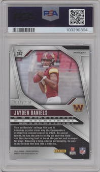 Jayden Daniels from the 2024 Panini Prizm set featuring a Blue Wave Prizm parallel graded by PSA and given an overall grade of 9.