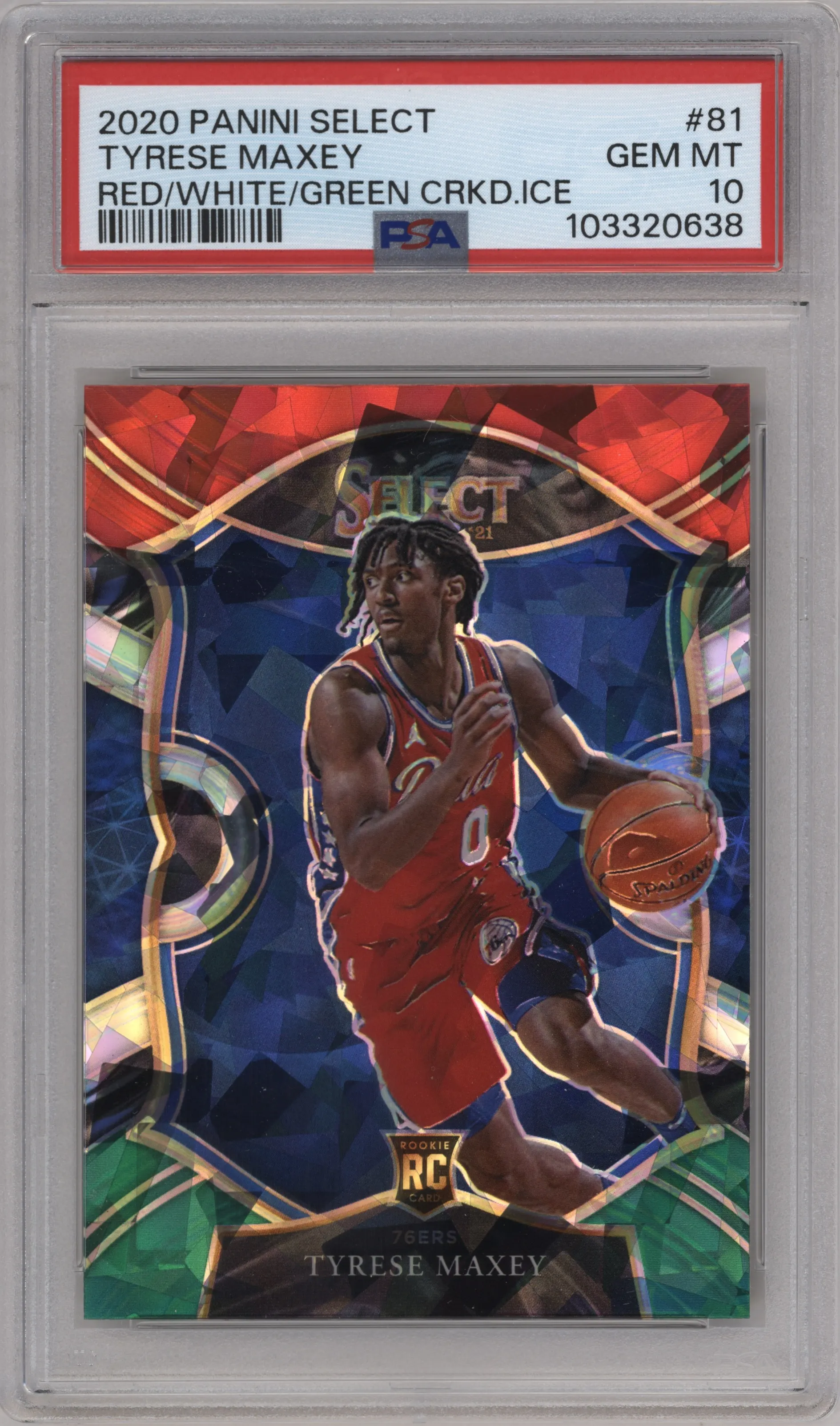 2020 Panini Select Tyrese Maxey Red/White/Green Cracked Ice #81 PSA 10