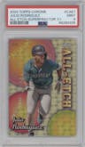 Julio Rodriguez from the 2024 Topps Chrome set featuring a SuperFractor parallel graded by PSA and given an overall grade of 9.