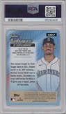 Julio Rodriguez from the 2024 Topps Chrome set featuring a SuperFractor parallel graded by PSA and given an overall grade of 9.