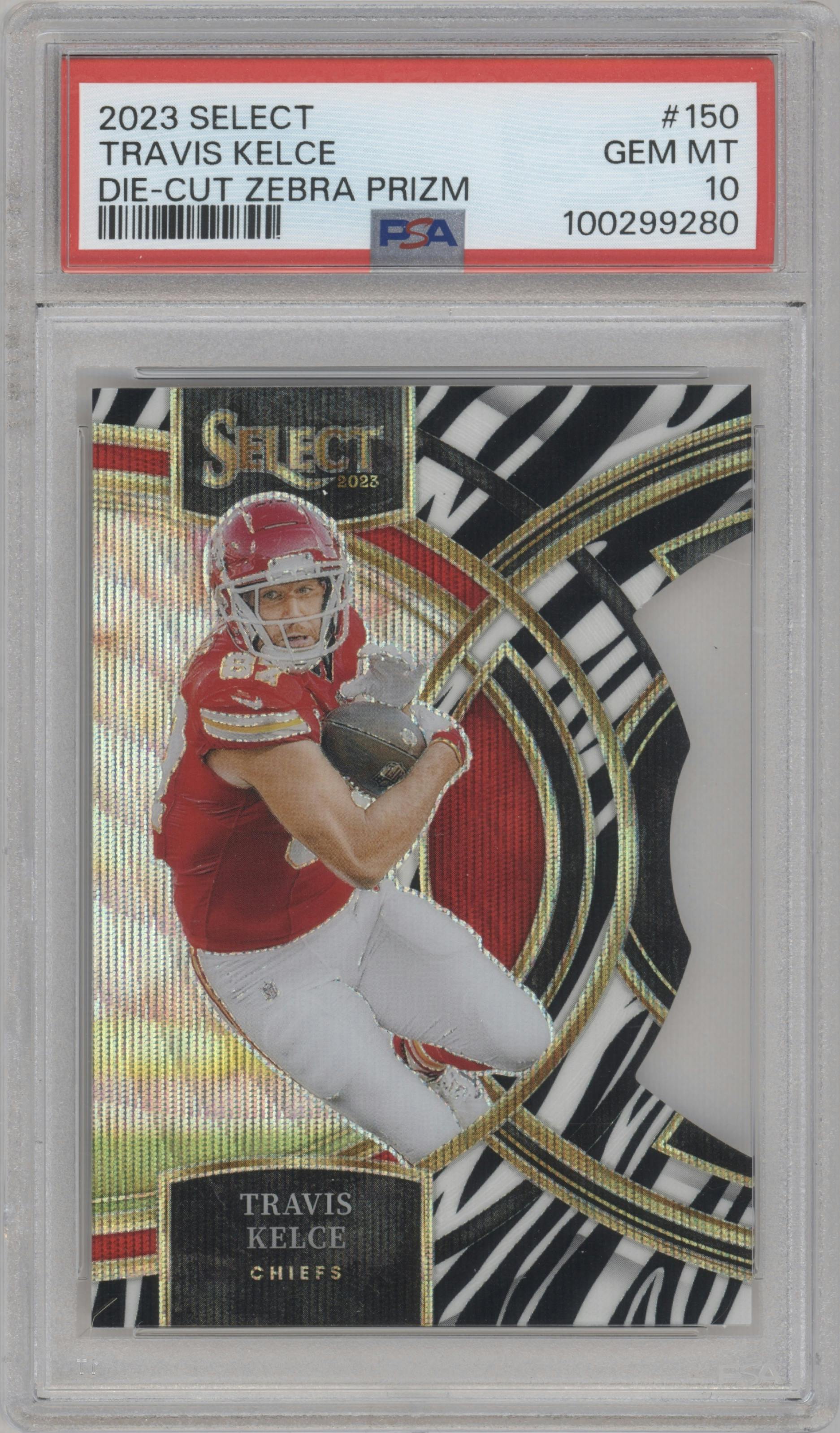 Travis Kelce from the 2023 Panini Select set featuring a Die-Cut Zebra parallel graded by PSA and given an overall grade of 10.