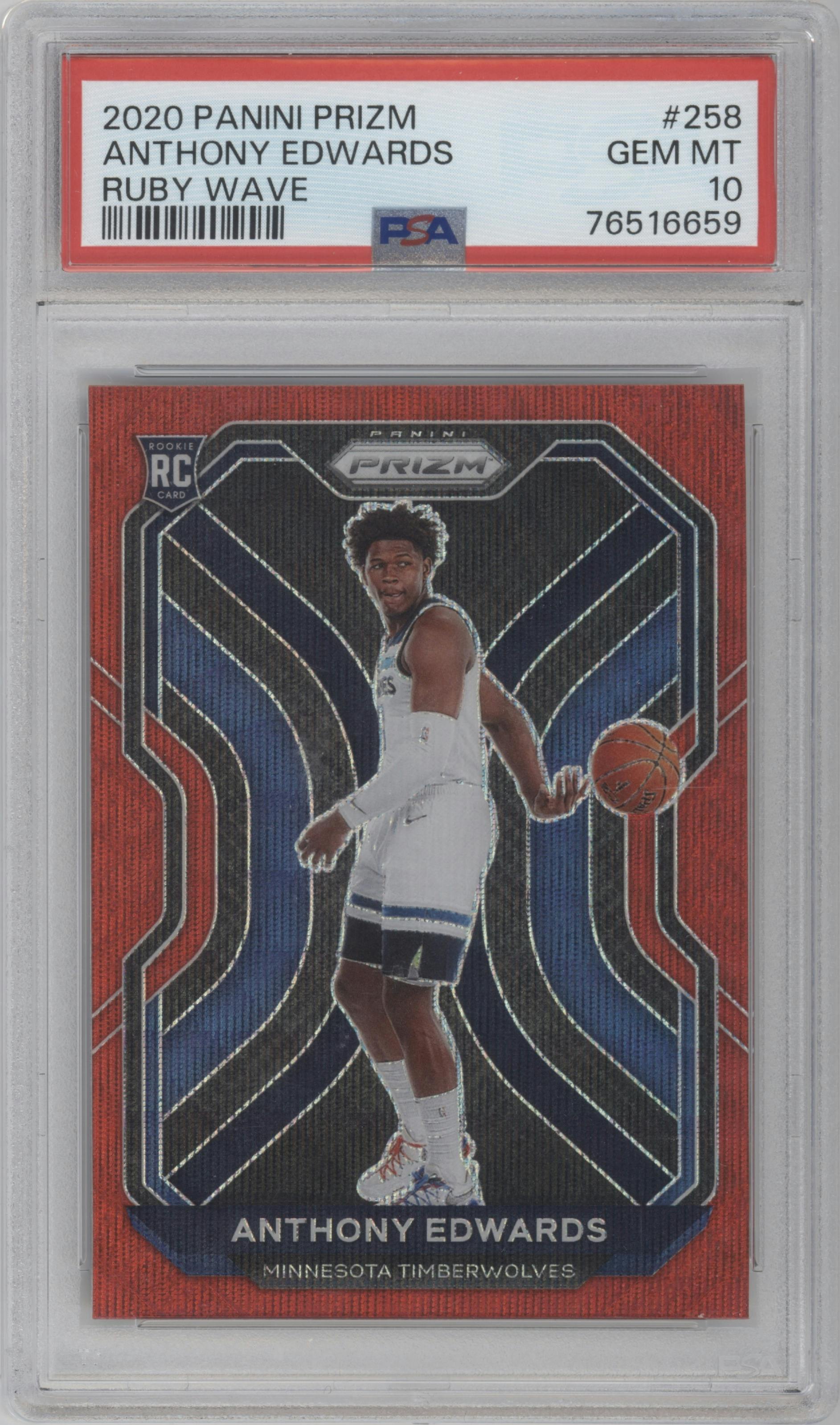 Anthony Edwards from the 2020-21 Panini Prizm set featuring a Ruby Wave parallel graded by PSA and given an overall grade of 10.