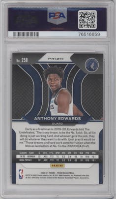 Anthony Edwards from the 2020-21 Panini Prizm set featuring a Ruby Wave parallel graded by PSA and given an overall grade of 10.