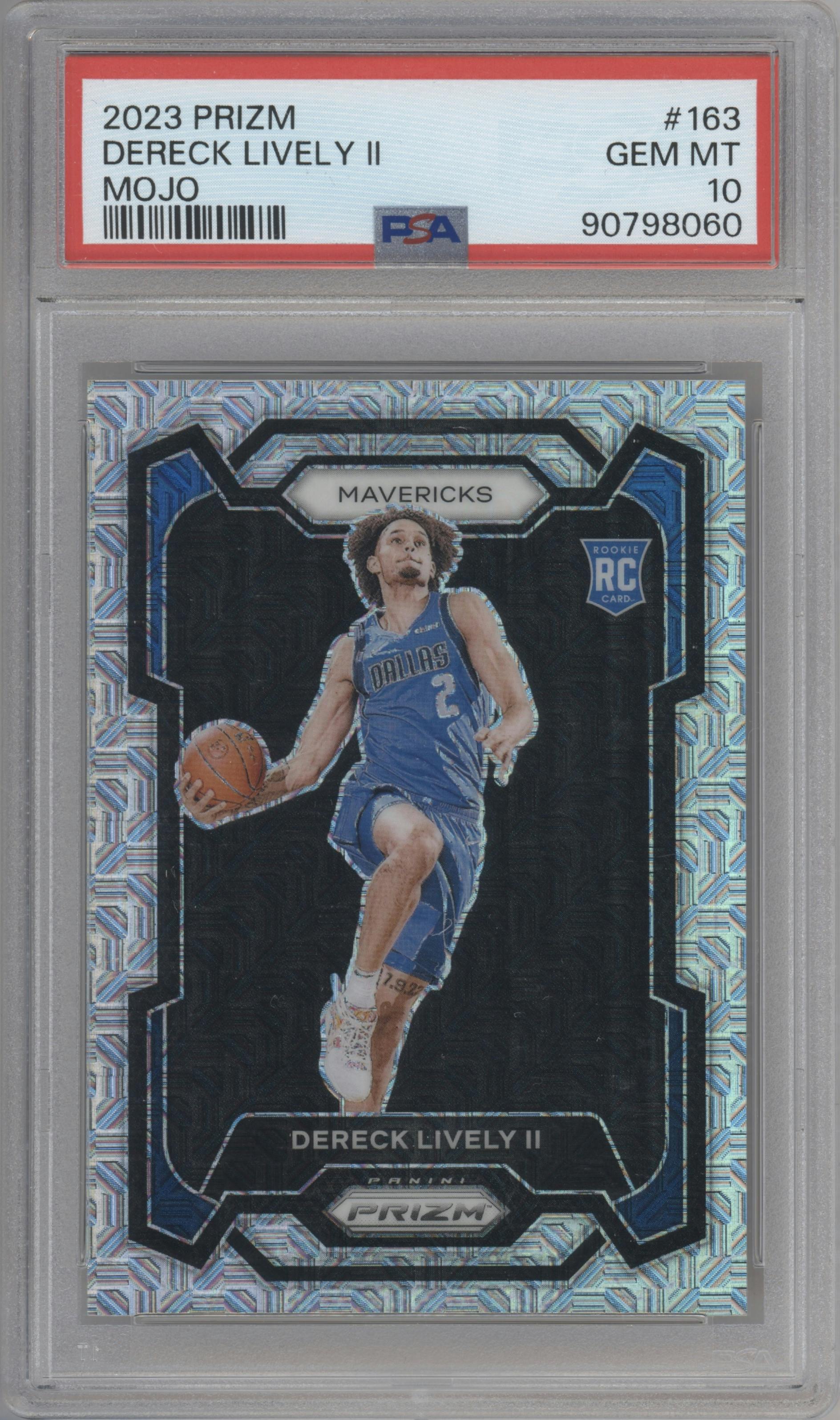 Dereck Lively II from the 2023-24 Panini Prizm set featuring a Mojo parallel graded by PSA and given an overall grade of 10.