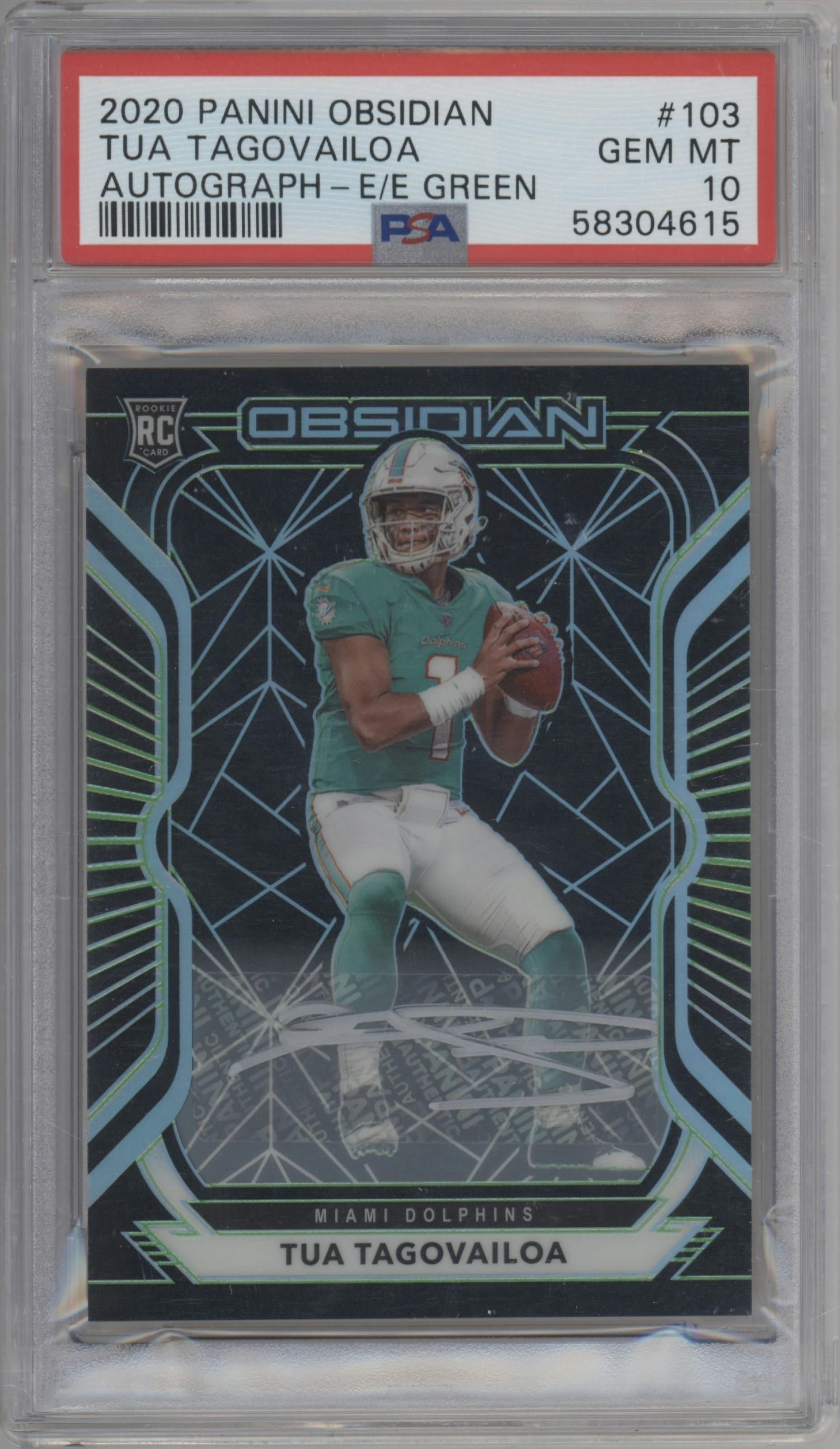 Tua Tagovailoa from the 2020 Panini Obsidian set featuring a Electric Etch Green parallel graded by PSA and given an overall grade of 10.