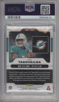 Tua Tagovailoa from the 2020 Panini Obsidian set featuring a Electric Etch Green parallel graded by PSA and given an overall grade of 10.