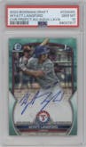 Wyatt Langford from the 2023 Bowman Draft set featuring a Aqua Lava Refractor parallel graded by PSA and given an overall grade of 10.