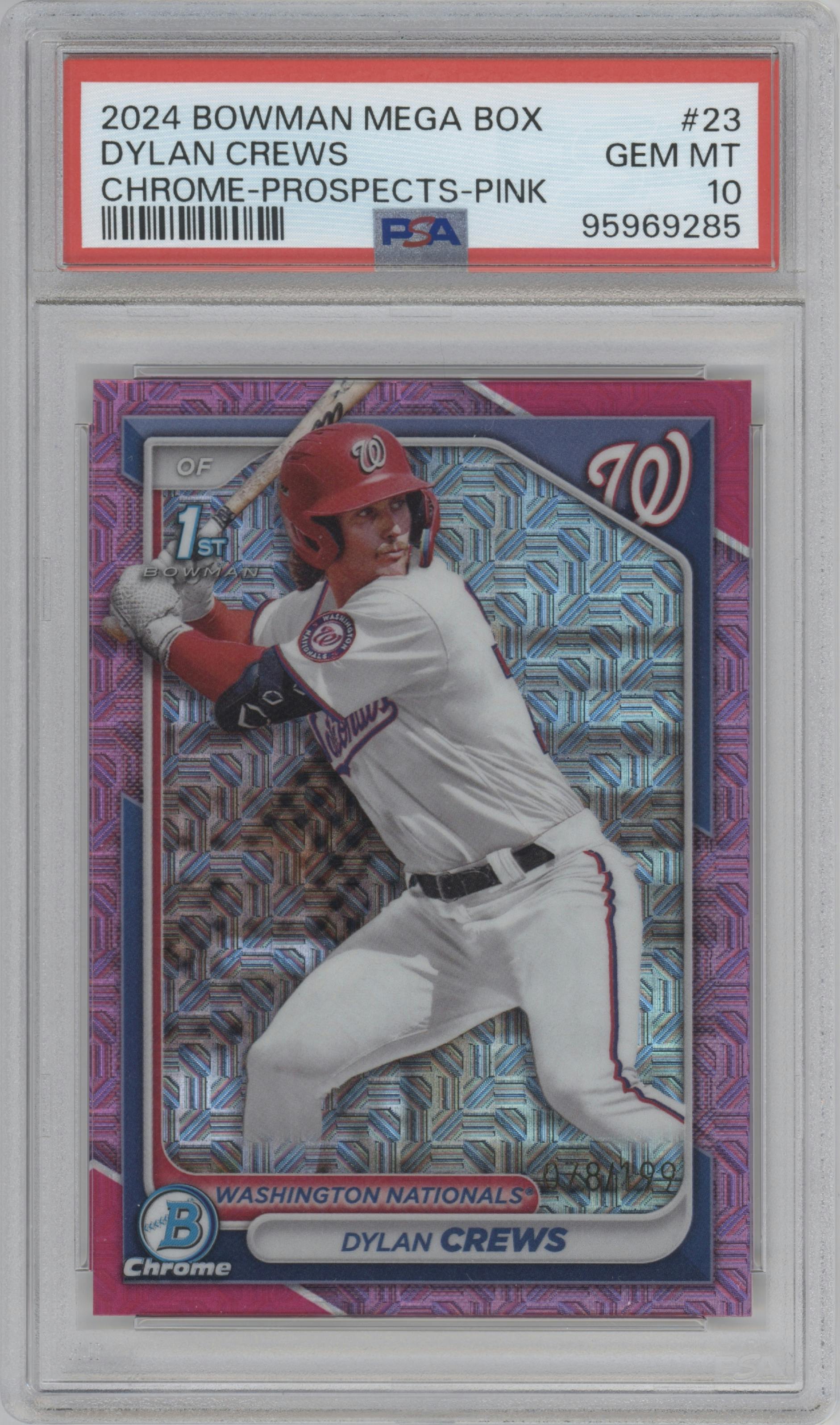 Dylan Crews from the 2024 Bowman Mega Box set featuring a Pink Refractor parallel graded by PSA and given an overall grade of 10.