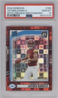 Jayden Daniels from the 2024 Donruss set featuring a Red Pandora parallel graded by PSA and given an overall grade of 10.