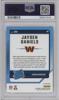 Jayden Daniels from the 2024 Donruss set featuring a Red Pandora parallel graded by PSA and given an overall grade of 10.