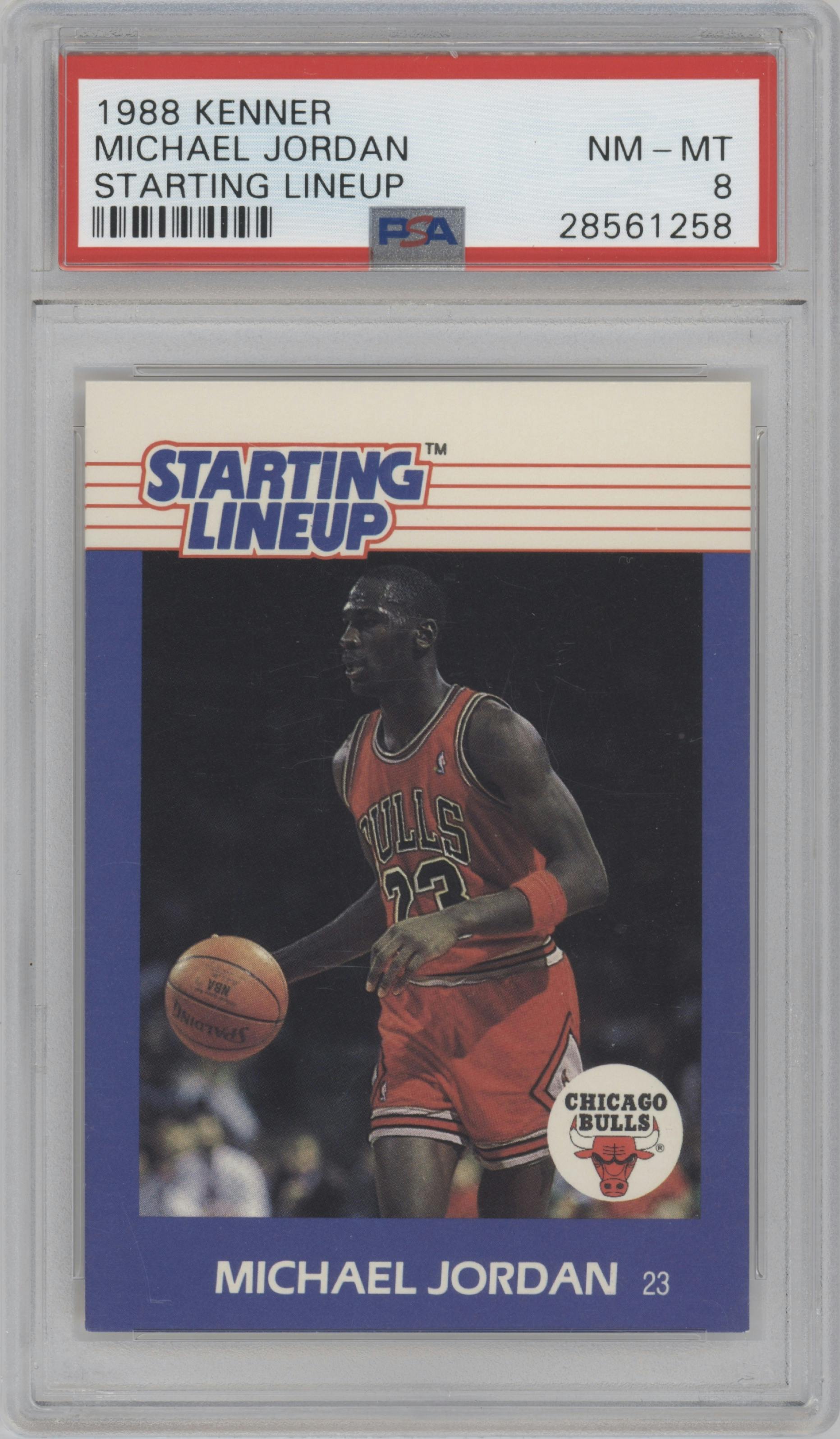 Michael Jordan from the 1988 Kenner Starting Lineup set graded by PSA and given an overall grade of 8.