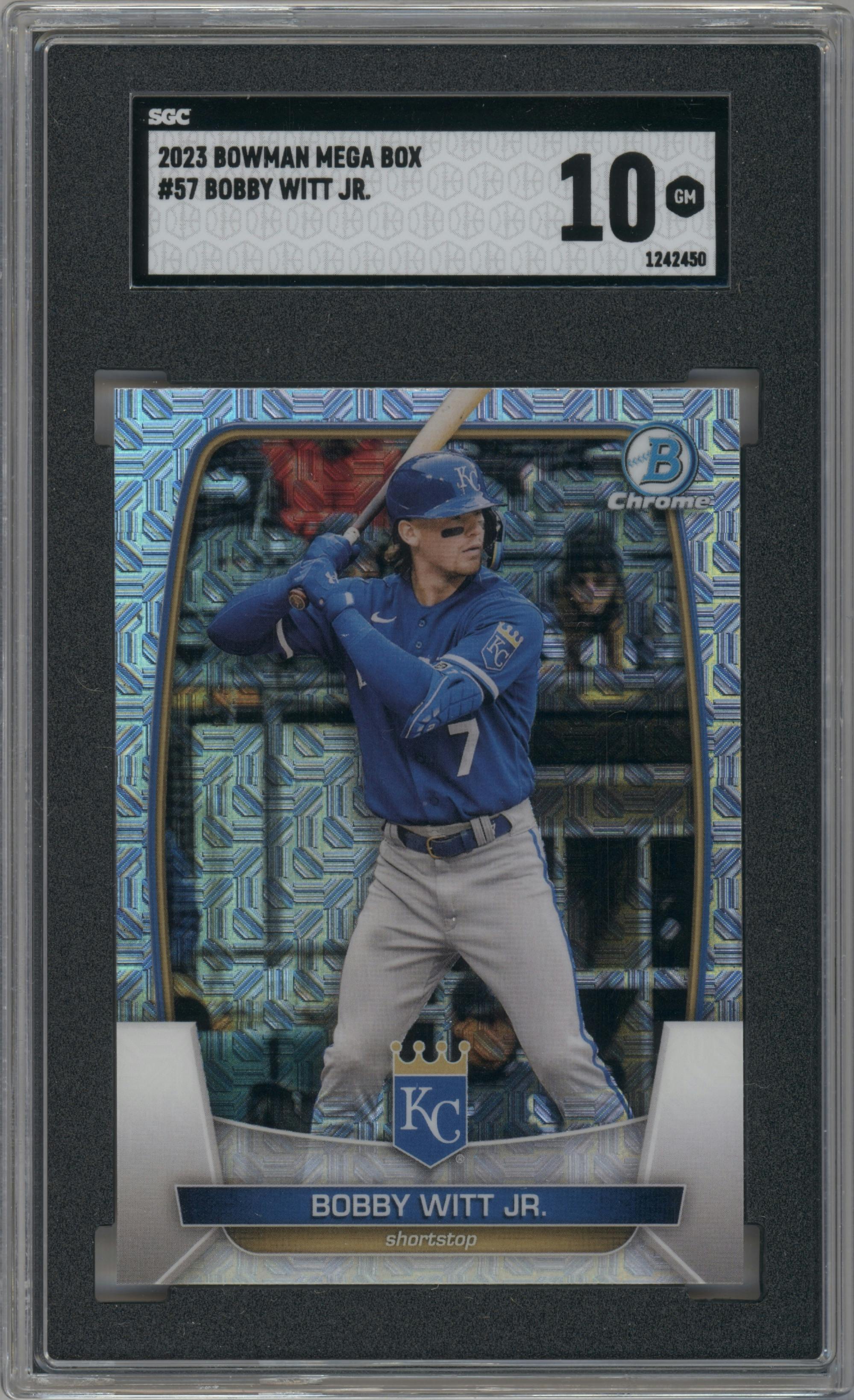 Bobby Witt Jr. from the 2023 Bowman Mega Box set graded by SGC and given an overall grade of 10.
