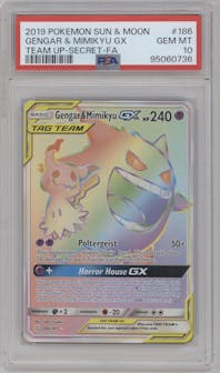 Gengar/Mimikyu GX from the 2019 Pokemon S&M  set graded by PSA and given an overall grade of 10.