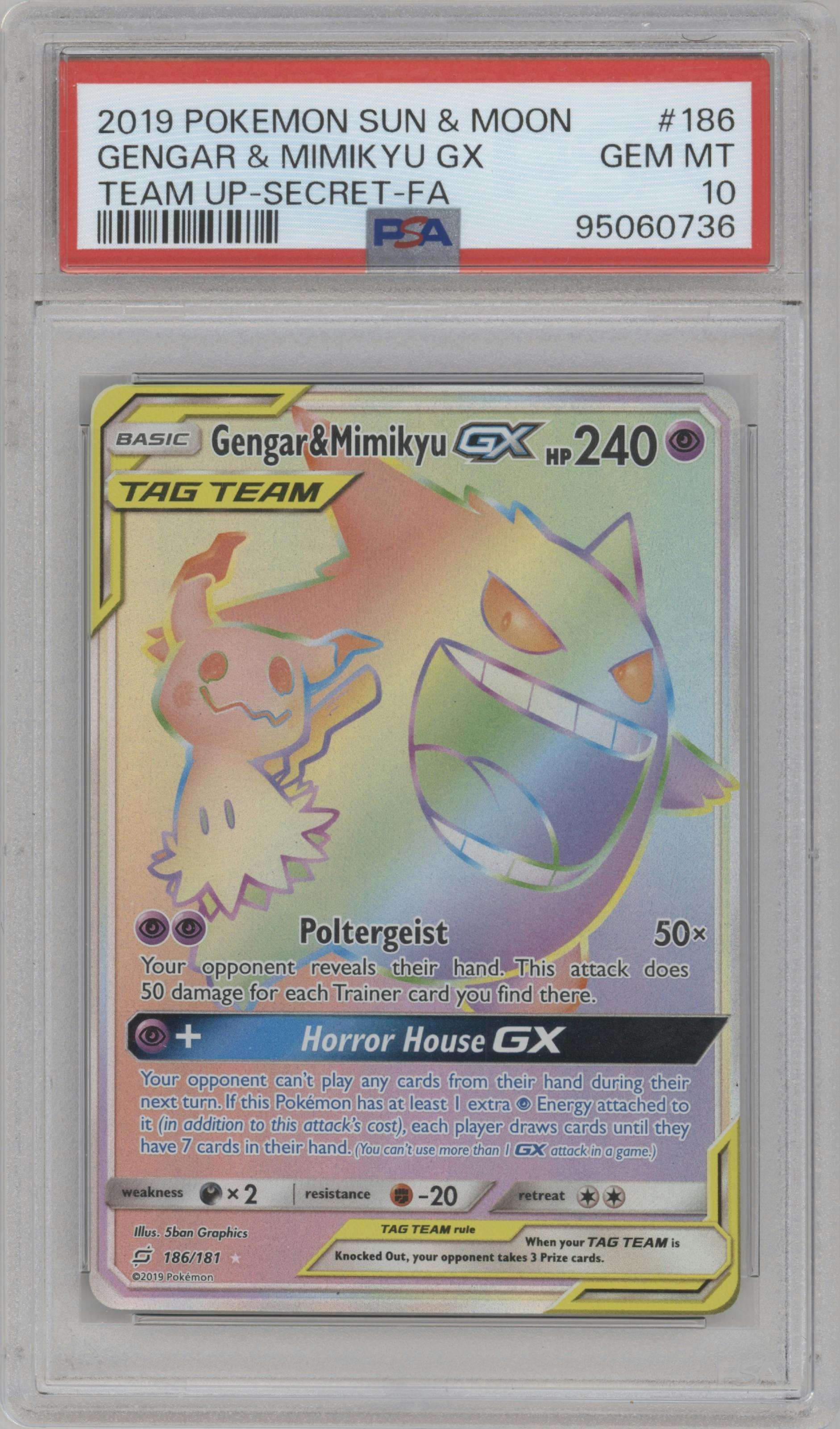 Gengar/Mimikyu GX from the 2019 Pokemon S&M  set graded by PSA and given an overall grade of 10.