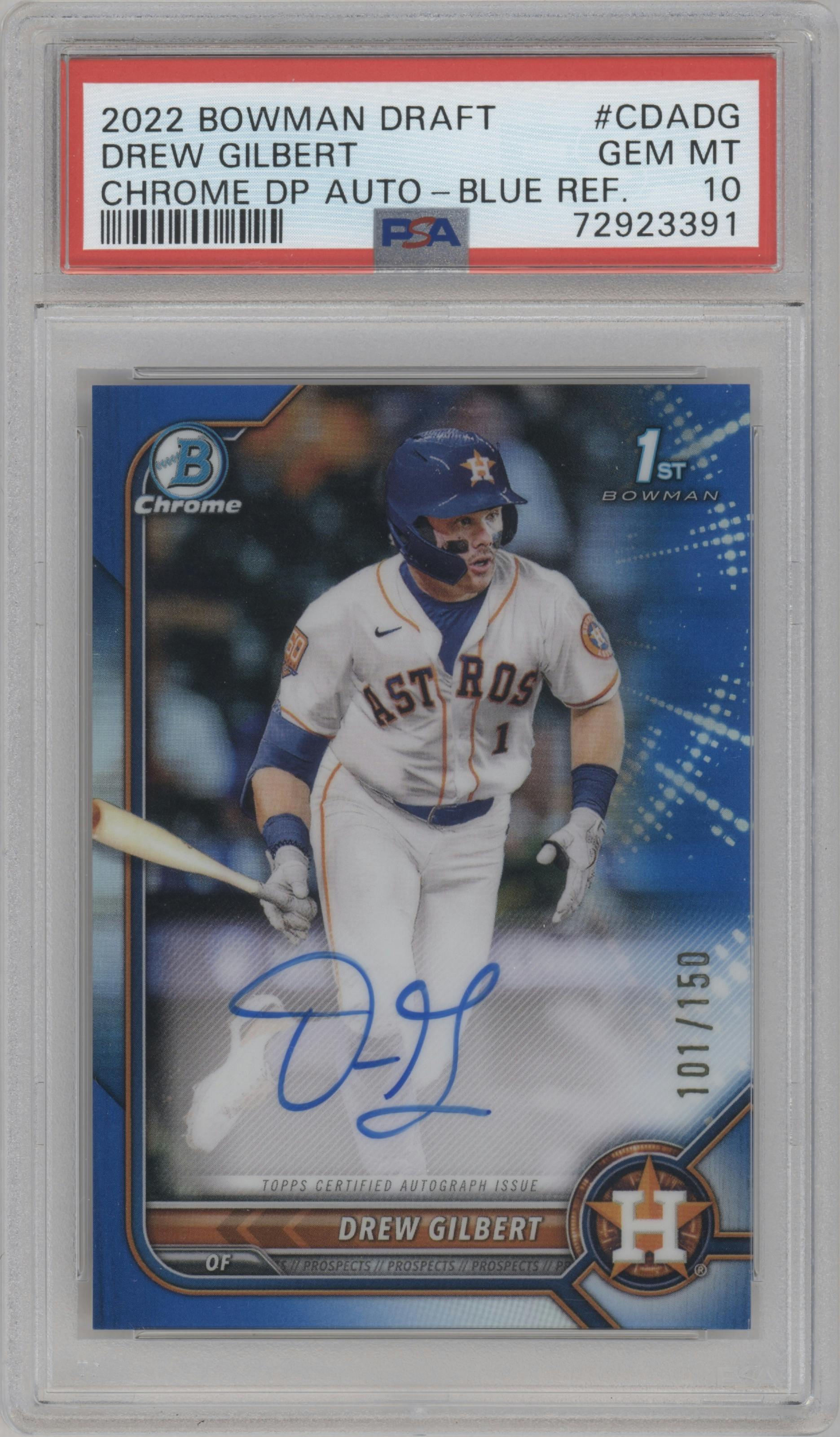 Drew Gilbert from the 2022 Bowman Draft set featuring a Blue Refractor parallel graded by PSA and given an overall grade of 10.