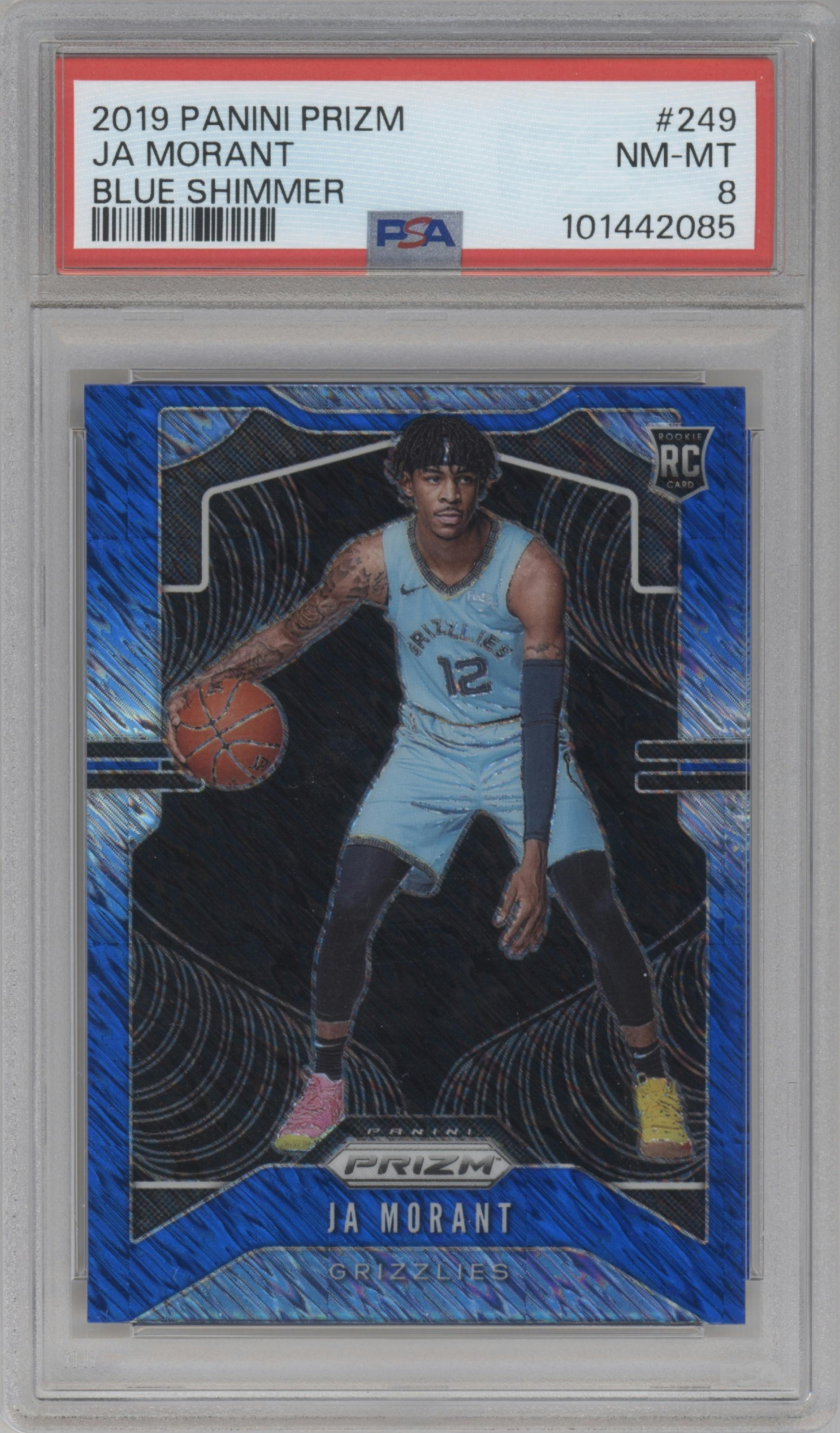 Ja Morant from the 2019-20 Panini Prizm set featuring a Blue Shimmer parallel graded by PSA and given an overall grade of 8.