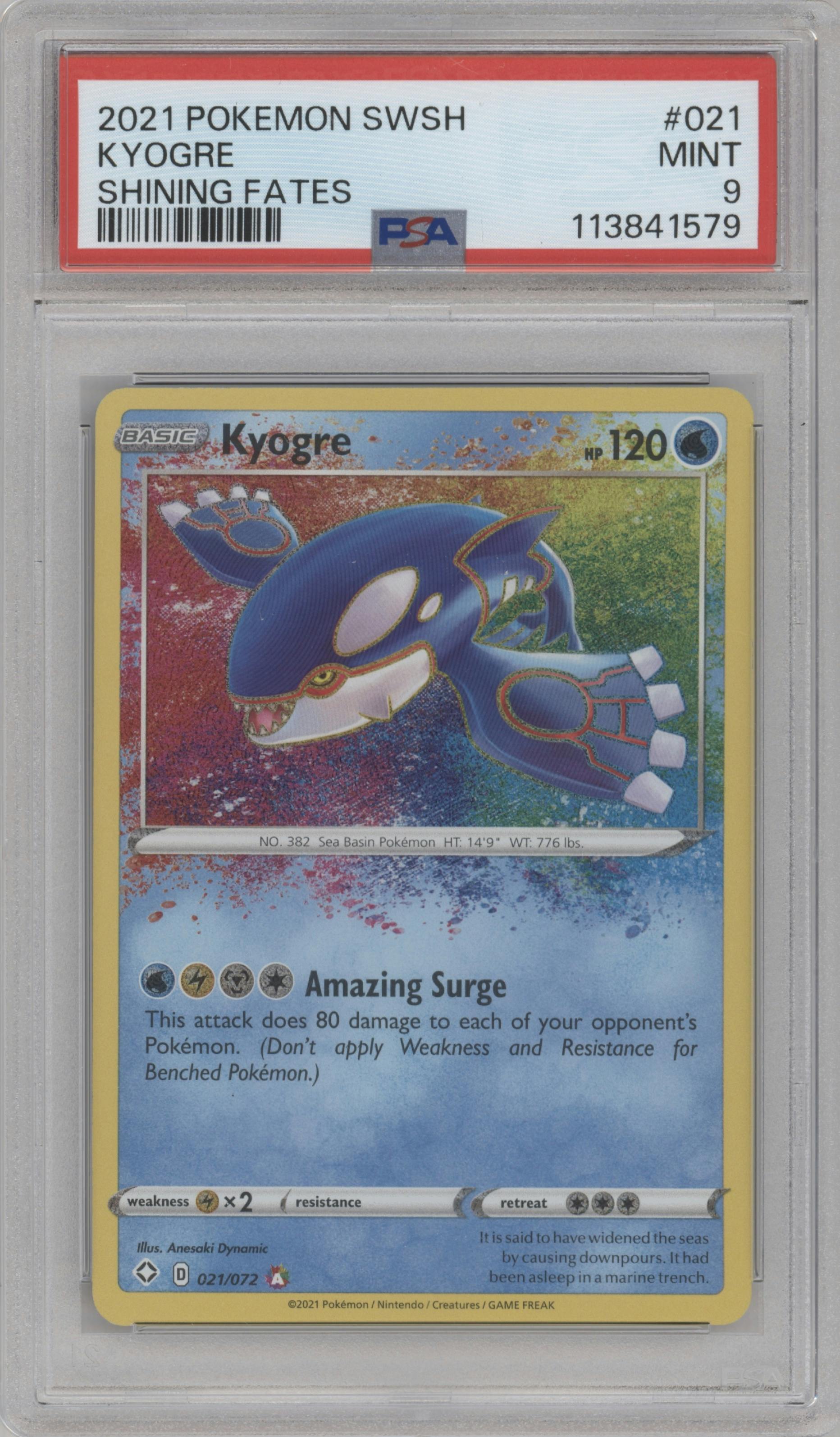 Kyogre from the 2021 Pokemon SWSH set graded by PSA and given an overall grade of 9.