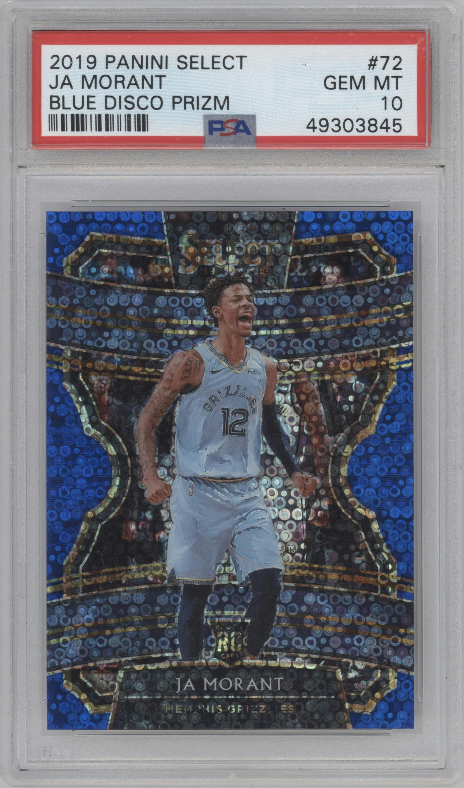 Ja Morant from the 2019-20 Panini Select set featuring a Disco Blue parallel graded by PSA and given an overall grade of 10.