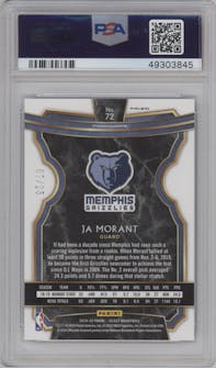 Ja Morant from the 2019-20 Panini Select set featuring a Disco Blue parallel graded by PSA and given an overall grade of 10.
