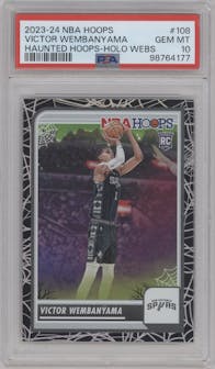 Victor Wembanyama from the 2023-24 Panini Haunted Hoops set featuring a Holo Webs parallel graded by PSA and given an overall grade of 10.