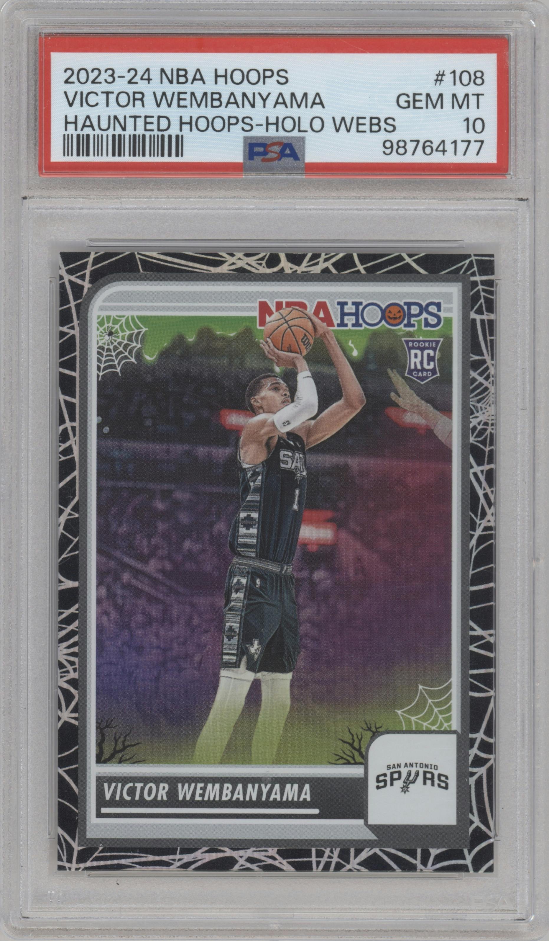 Victor Wembanyama from the 2023-24 Panini Haunted Hoops set featuring a Holo Webs parallel graded by PSA and given an overall grade of 10.