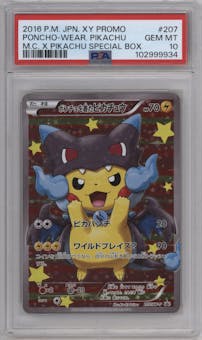 Poncho-clad Pikachu from the 2016 Pokemon XY JPN set featuring a Poncho Wearing Pikachu Box parallel graded by PSA and given an overall grade of 10.