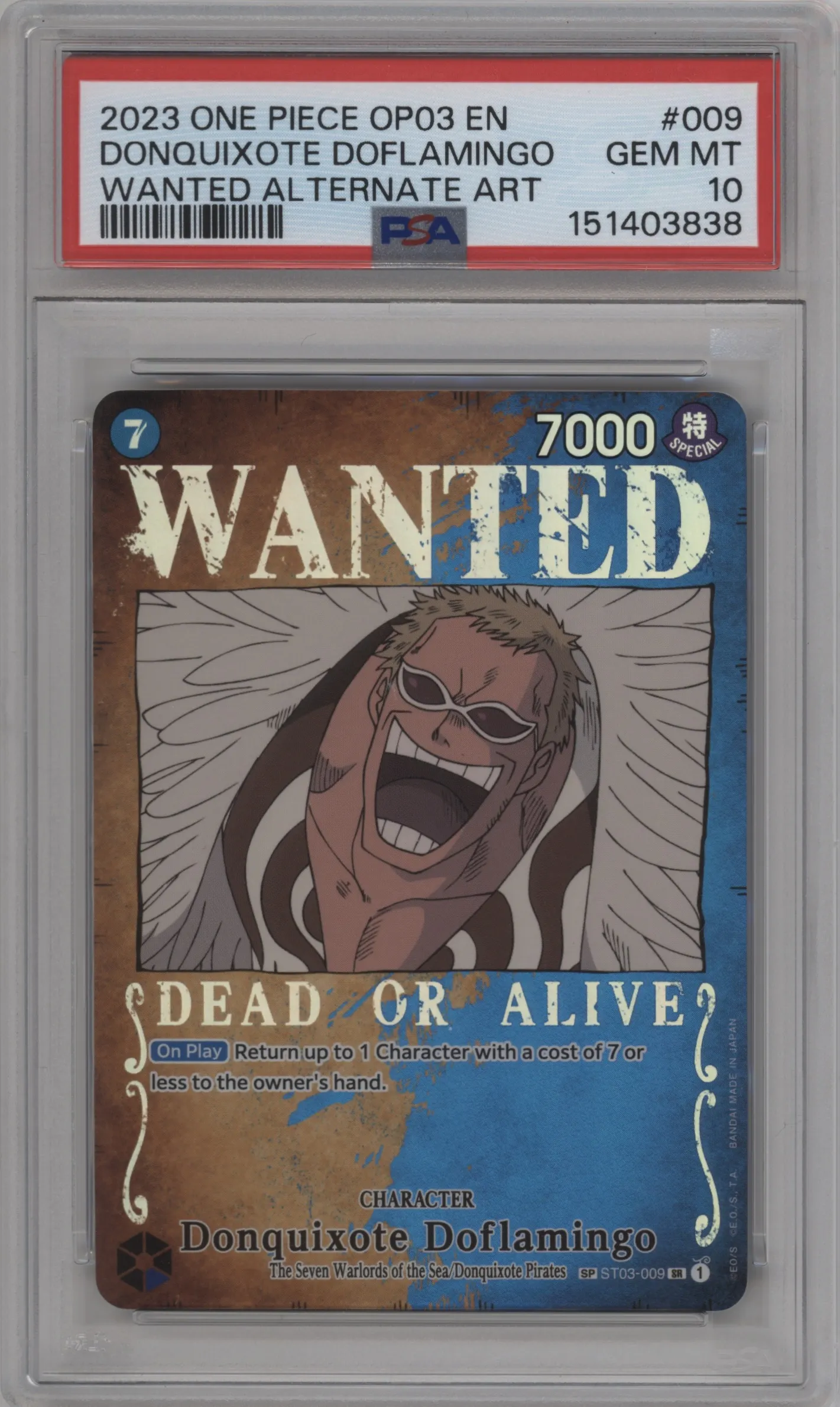2023 One Piece Pillars of Strength Donquixote Doflamingo Wanted Poster Alternate Art ST03-009 SR #SP ST03-009 SR PSA 10
