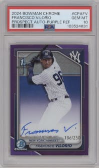 Francisco Vilorio from the 2024 Bowman Chrome set featuring a Purple Refractor parallel graded by PSA and given an overall grade of 10.