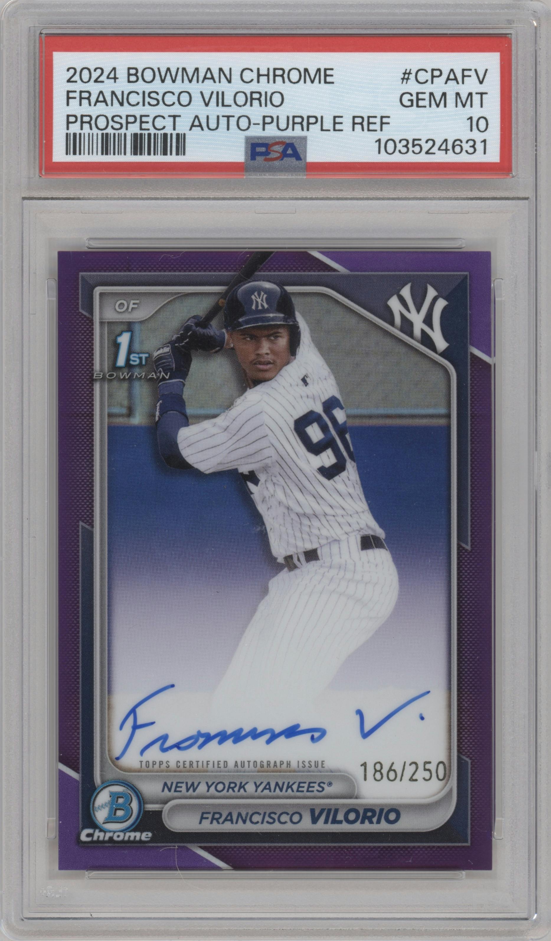 Francisco Vilorio from the 2024 Bowman Chrome set featuring a Purple Refractor parallel graded by PSA and given an overall grade of 10.