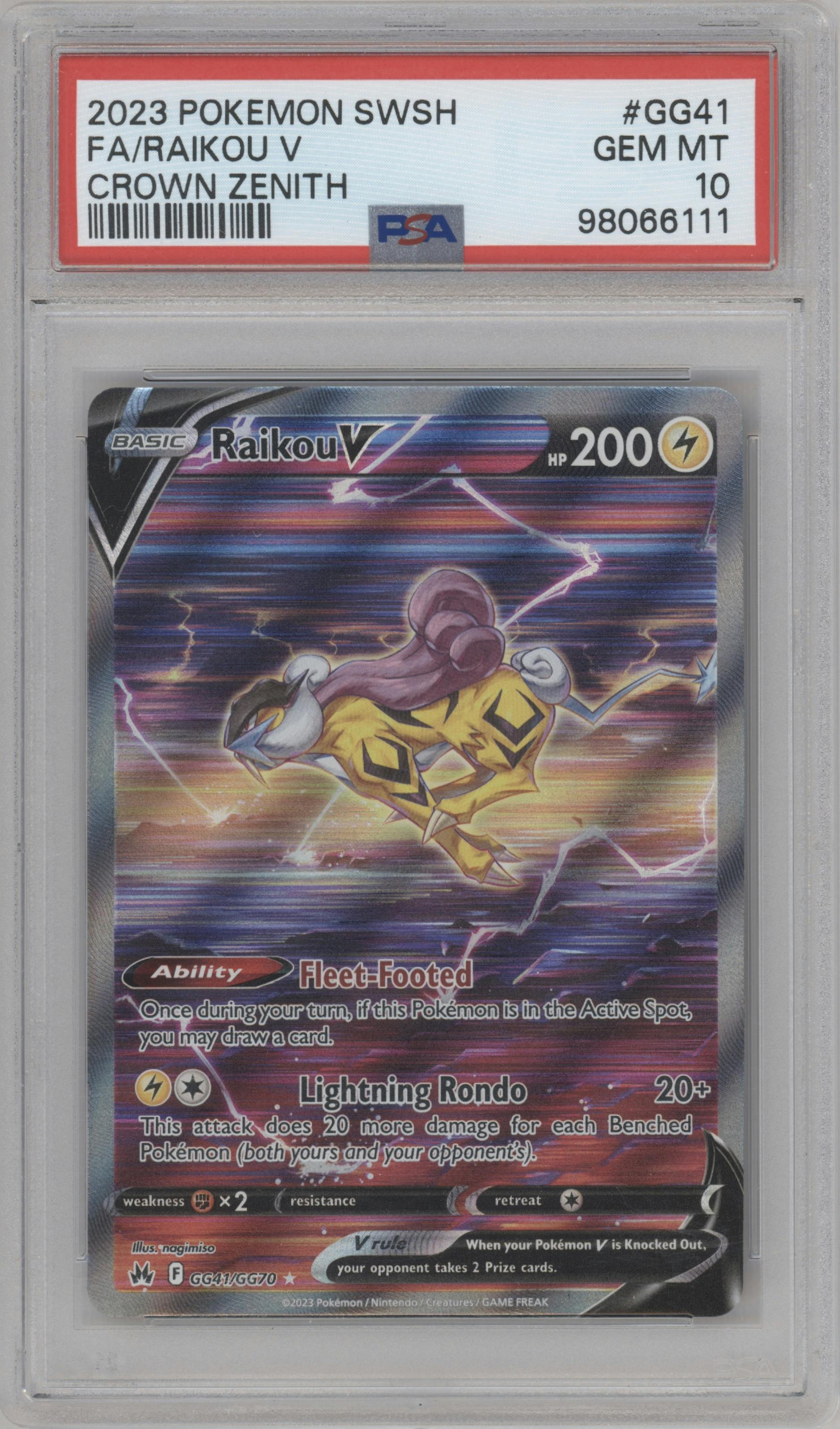 Raikou V from the 2023 Pokemon SWSH set graded by PSA and given an overall grade of 10.