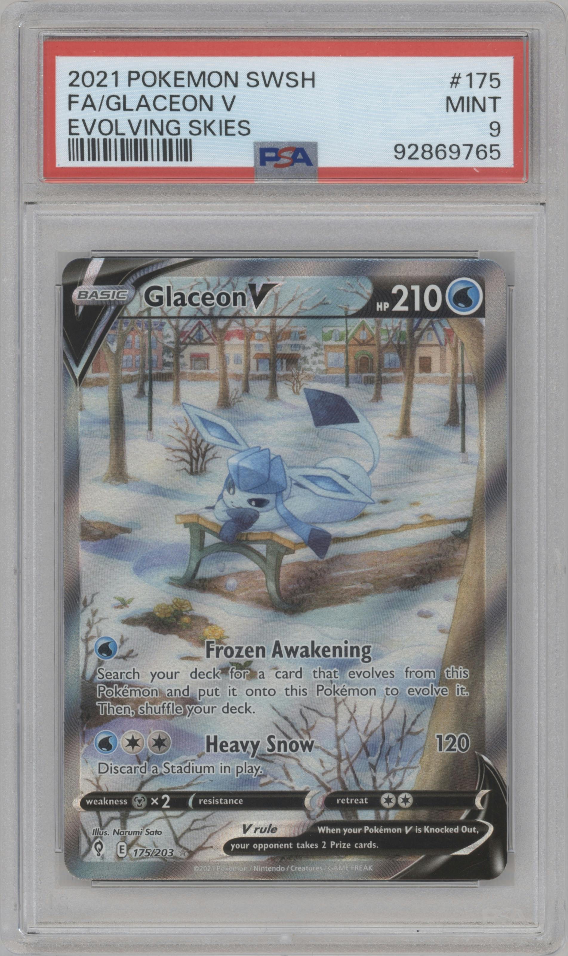 Glaceon V from the 2021 Pokemon SWSH set graded by PSA and given an overall grade of 9.