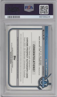 JJ McCarthy from the 2021-22 Bowman University set featuring a  Lava Refractor parallel graded by PSA and given an overall grade of 10.