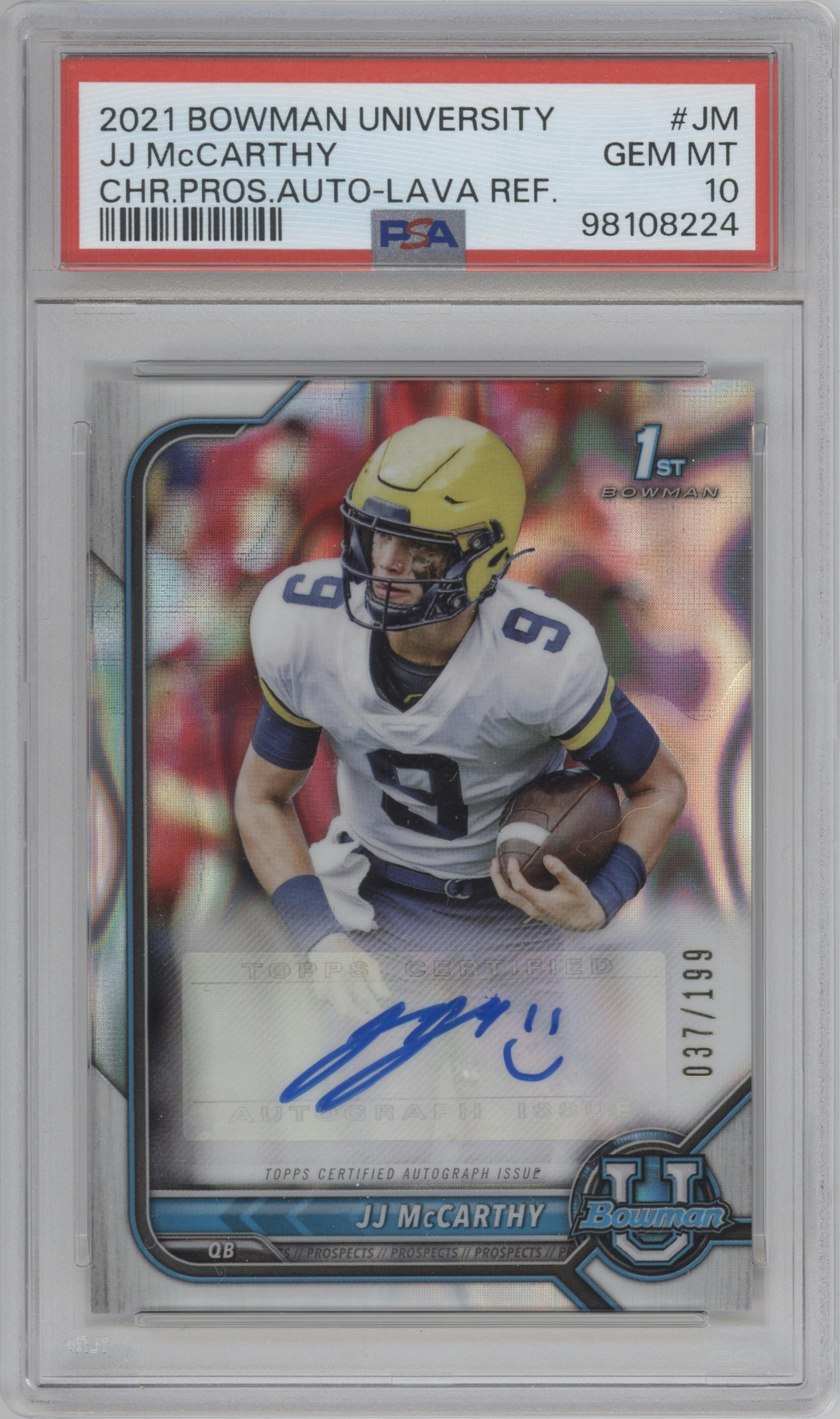 JJ McCarthy from the 2021-22 Bowman University set featuring a  Lava Refractor parallel graded by PSA and given an overall grade of 10.