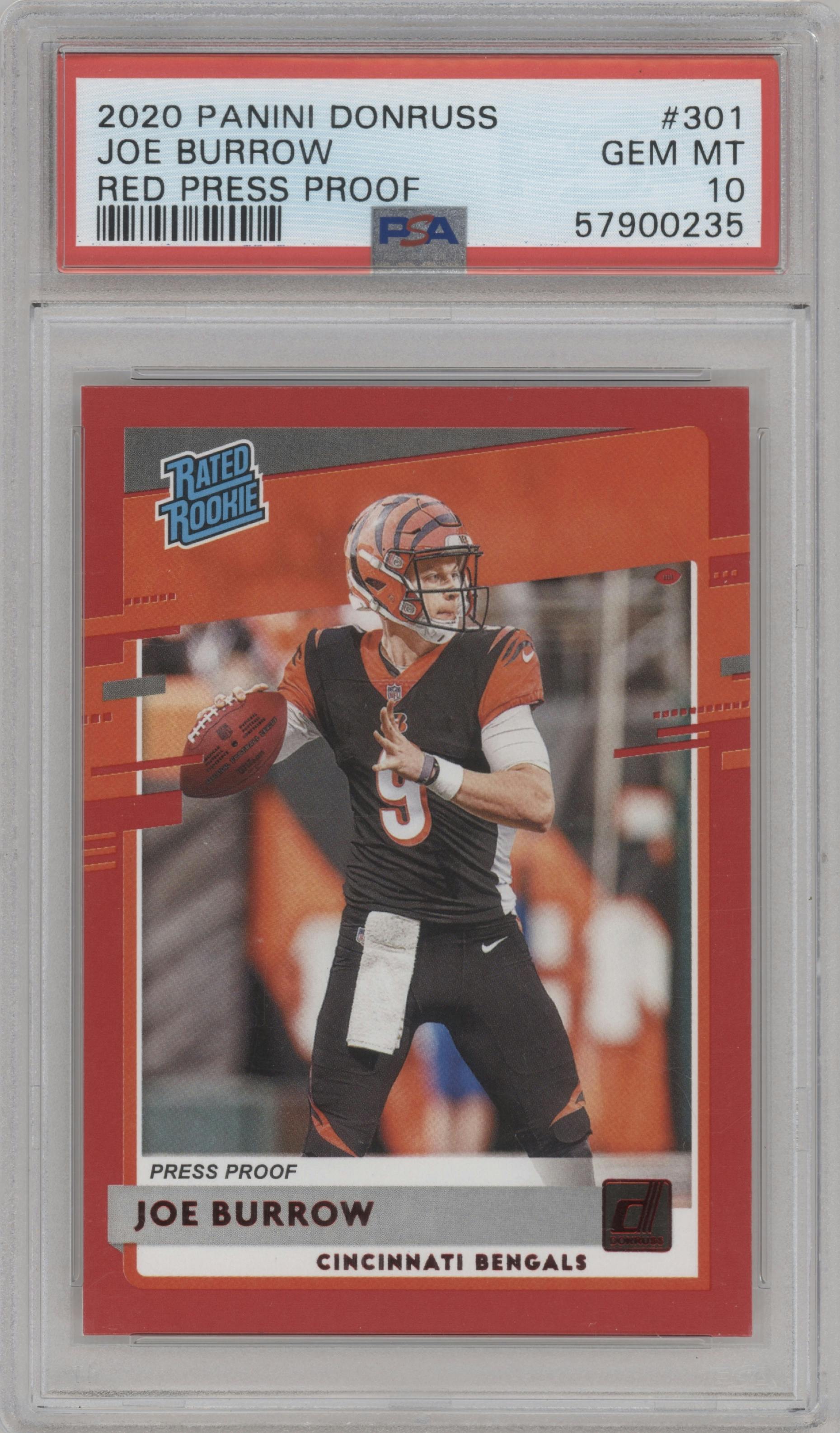 Joe Burrow from the 2020 Panini Donruss set featuring a Press Proof Red  parallel graded by PSA and given an overall grade of 10.