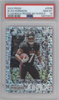 Bijan Robinson from the 2023 Panini Prizm set featuring a No Huddle parallel graded by PSA and given an overall grade of 10.