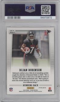 Bijan Robinson from the 2023 Panini Prizm set featuring a No Huddle parallel graded by PSA and given an overall grade of 10.
